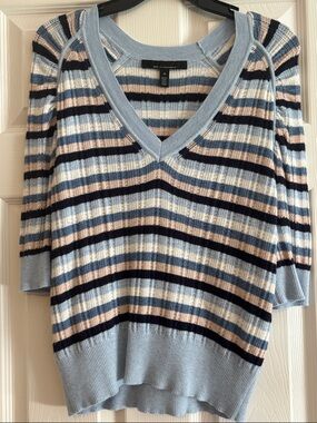 White House Black Market Blue, Navy & Cream Striped V-Neck Sweater